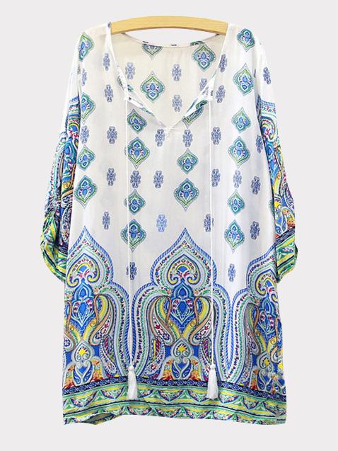 Romwe Vintage Print Lace Up Fringe Shift Dress