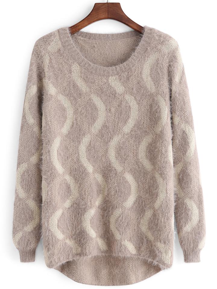 Romwe Round Neck Dip Hem Zigzag Sweater