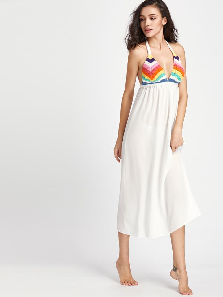 Romwe Chevron Crochet Halter Cover Up Dress