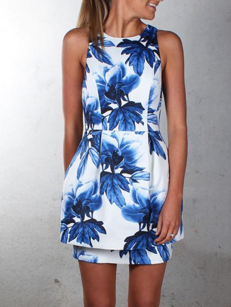 Romwe Leaves Print Zipper Layered Dress