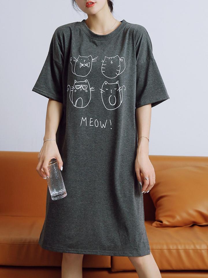 Romwe Cat Print Letter Night Dress