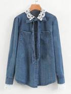 Romwe Lace Detail Tie Neck Denim Blouse