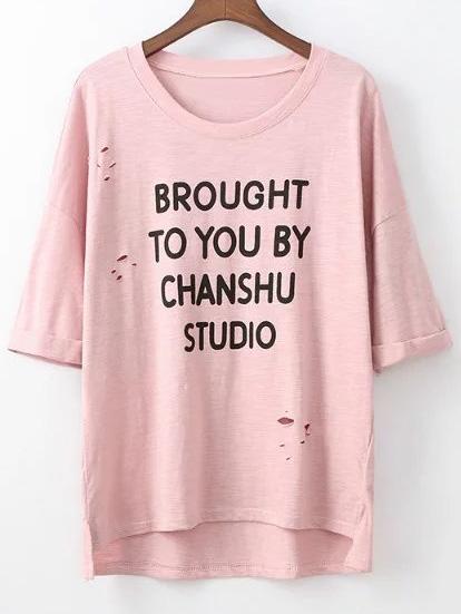 Romwe Pink Short Sleeve Letters Printing Hole T-shirt
