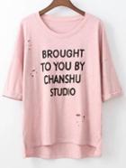 Romwe Pink Short Sleeve Letters Printing Hole T-shirt