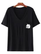 Romwe Black V Neck Milk Box Print Pocket T-shirt