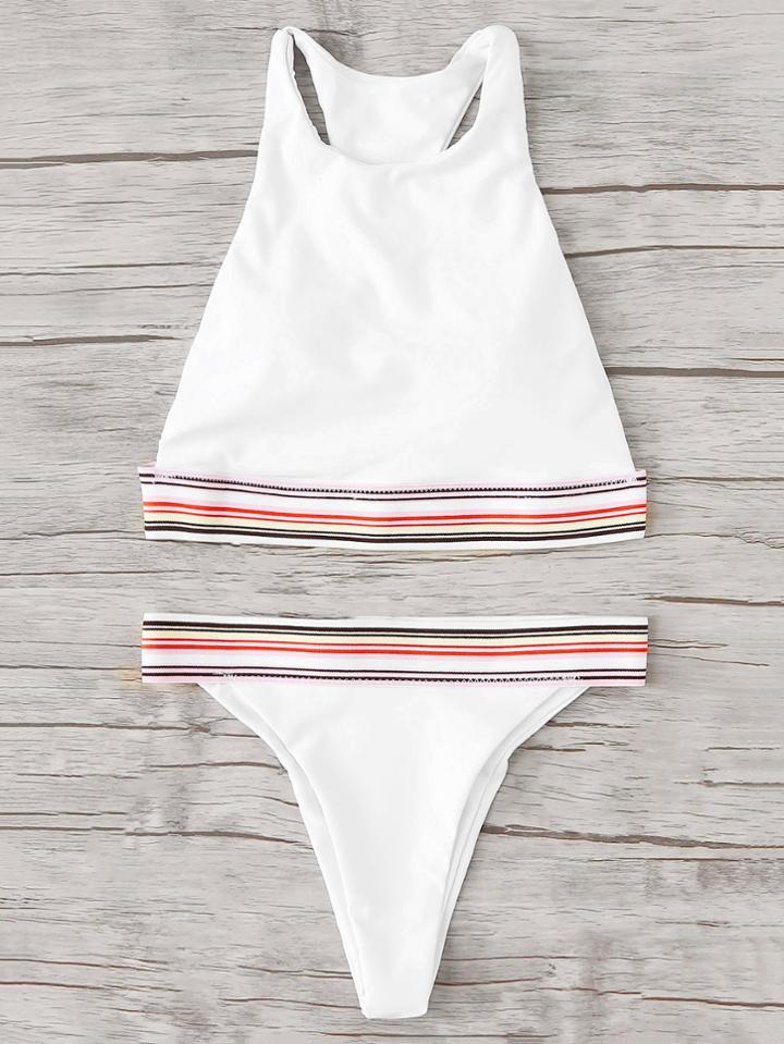 Romwe Striped Hem Bikini Set