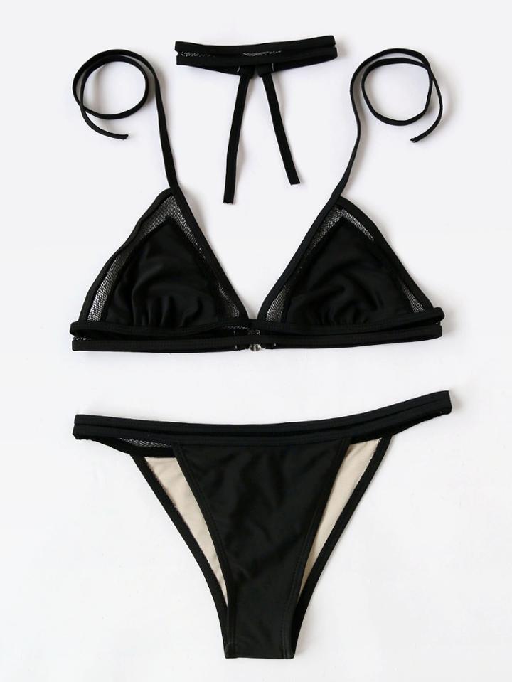 Romwe Mesh Insert Triangle Bikini Set With Choker
