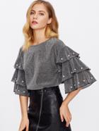 Romwe Pearl Beading Tiered Sleeve Glitter Top
