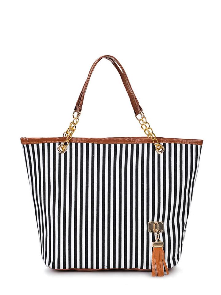 Romwe Contrast Stripe Tassel Detail Tote Bag