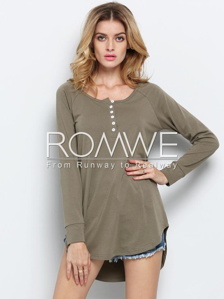 Romwe Army Green Long Sleeve T-shirt