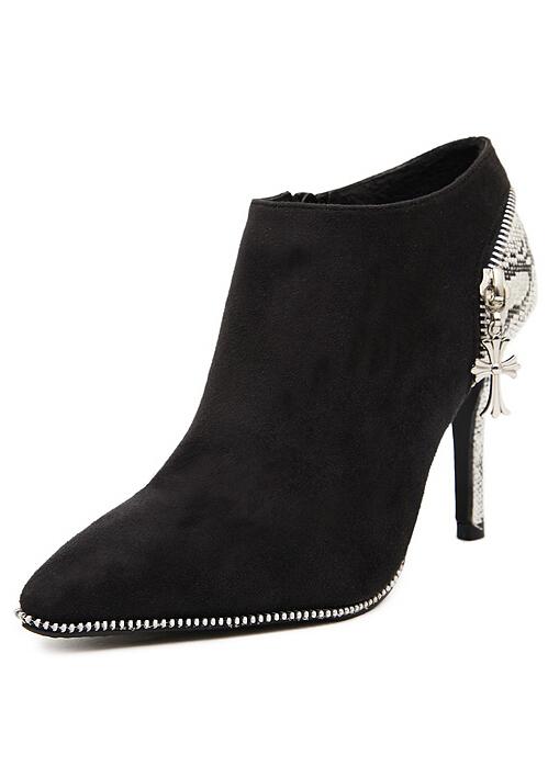 Romwe Black Point Toe Side Zipper High Heeled Boots