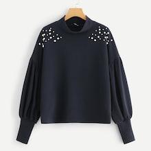 Romwe Plus Mock-neck Pearl Detail Sweatshirt