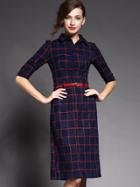 Romwe Navy Lapel Half Sleeve Drawstring Pockets Dress