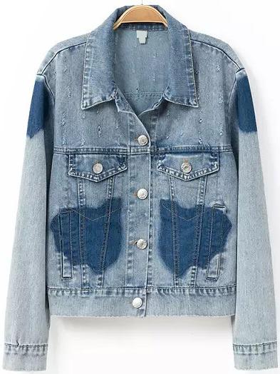 Romwe Women Blenched Denim Coat With Contrast Patches