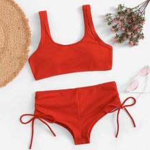 Romwe Scoop Neck Top With Tie Side Bikini Set