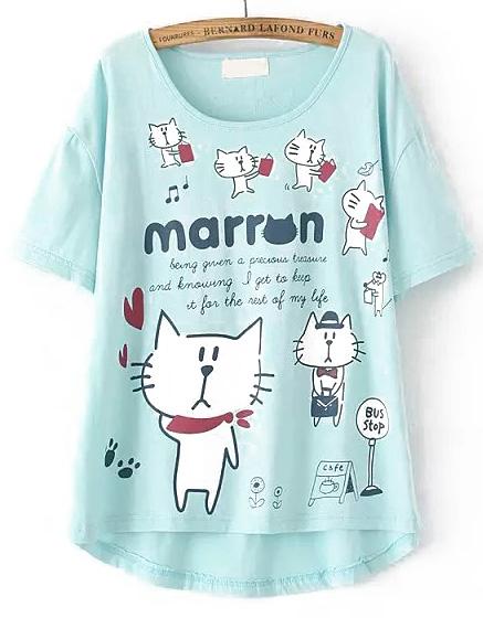 Romwe Dip Hem Cat Print Blue T-shirt