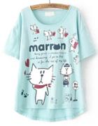 Romwe Dip Hem Cat Print Blue T-shirt