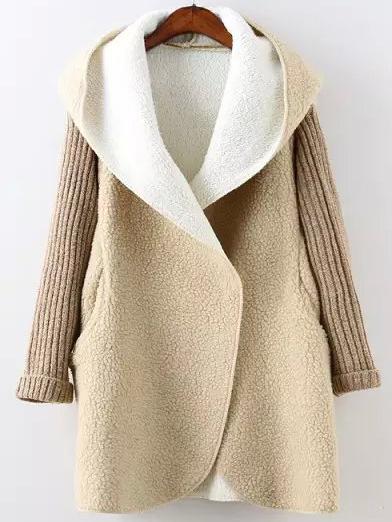 Romwe Khaki Hooded Long Sleeve Pockets Sweater Coat