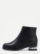 Romwe Black Faux Leather Side Zipper Pearl Heel Ankle Boots