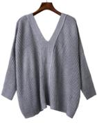 Romwe Grey V Neck Lace Up Back Drop Shoulder Sweater