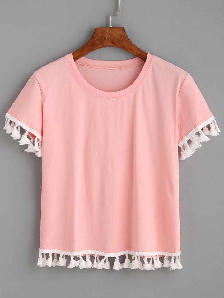 Romwe Pink Tassel Trim T-shirt