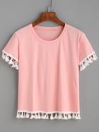 Romwe Pink Tassel Trim T-shirt