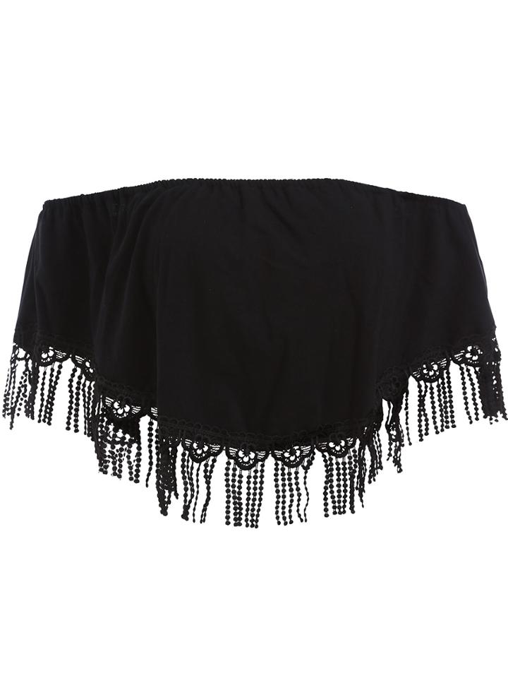 Romwe Black Off The Shoulder Tassel Crop Top