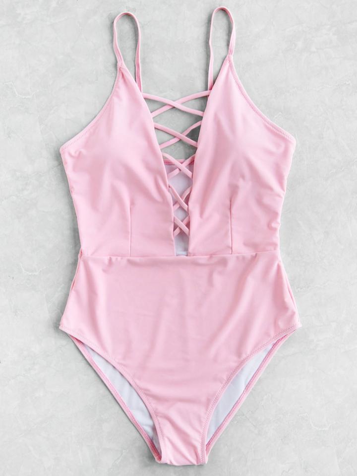 Romwe Criss Cross Deep V Neck Swimsuit