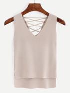 Romwe Eyelet Lace-up Knitted High-low Tank Top - Apricot