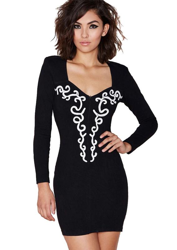 Romwe Scoop Neck Embroidered Bodycon Dress