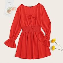 Romwe Bow Front Shirred Waist Flounce Sleeve Dress