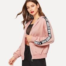 Romwe Letter Tape Side Zip Up Hoodie