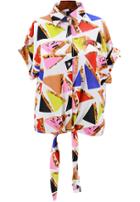 Romwe Lapel Geometric Print Knotted Red Blouse