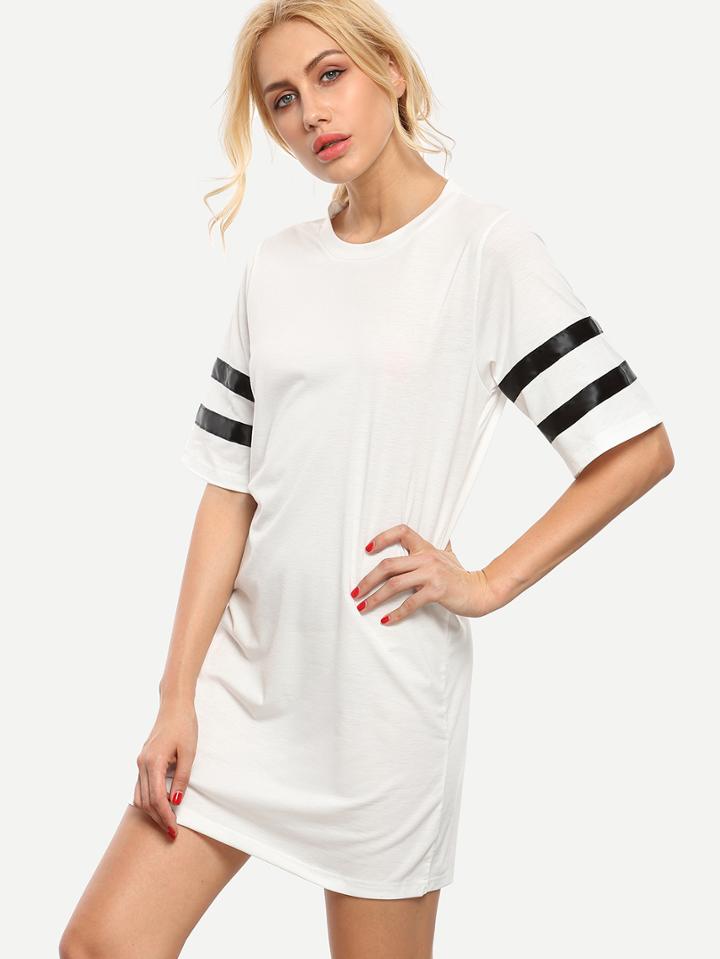 Romwe White Varsity Striped Sleeve T-shirt Dress