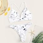 Romwe Marble Pattern Criss-cross Top With High Cut Bikini Set