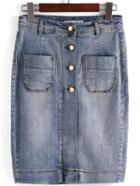 Romwe Bleached Pockets Buttons Denim Skirt