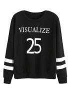 Romwe Black Letter And Number Print Varsity Striped Sweatshirt