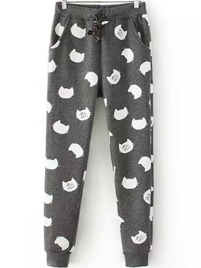 Romwe Drawstring Cat Print Grey Pant
