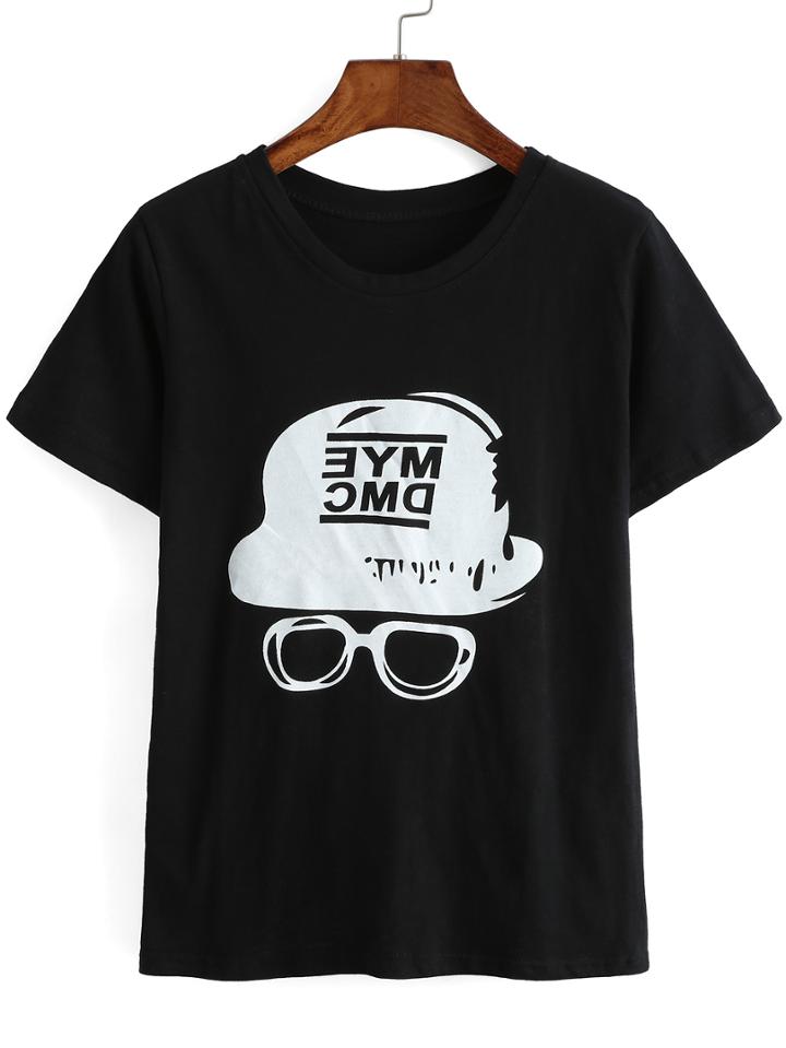 Romwe Hat Print Black T-shirt