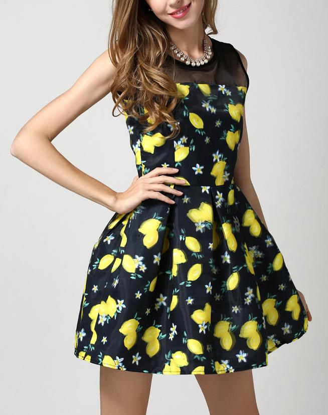 Romwe Contrast Mesh Mangoes Print Flare Dress