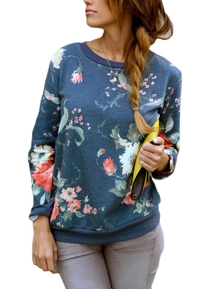 Romwe Round Neck Florals Sweatshirt