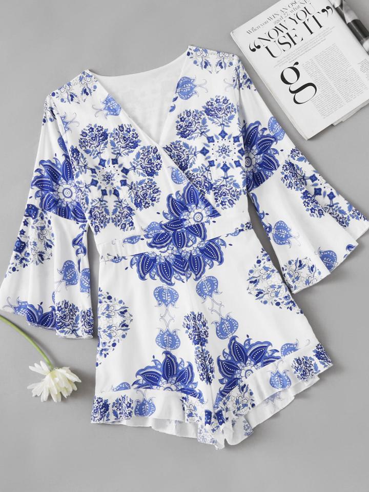 Romwe Fluted Sleeve Printed Random Frill Hem Surplice Romper