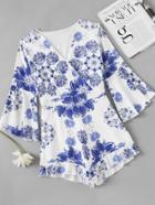 Romwe Fluted Sleeve Printed Random Frill Hem Surplice Romper