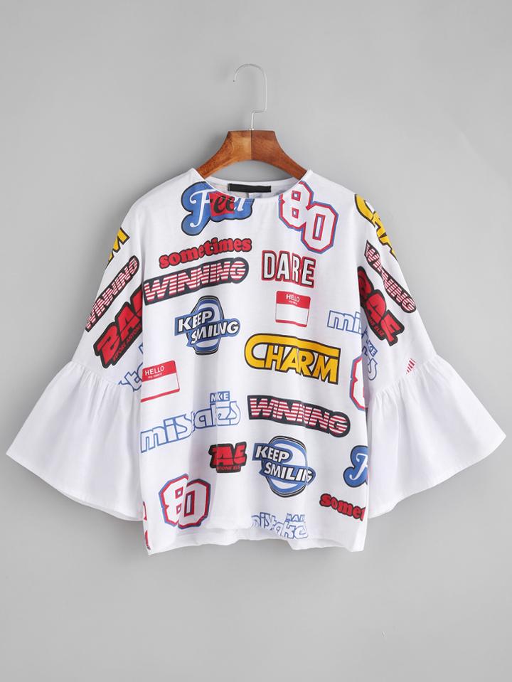 Romwe White Varsity Patch Print Bell Sleeve T-shirt
