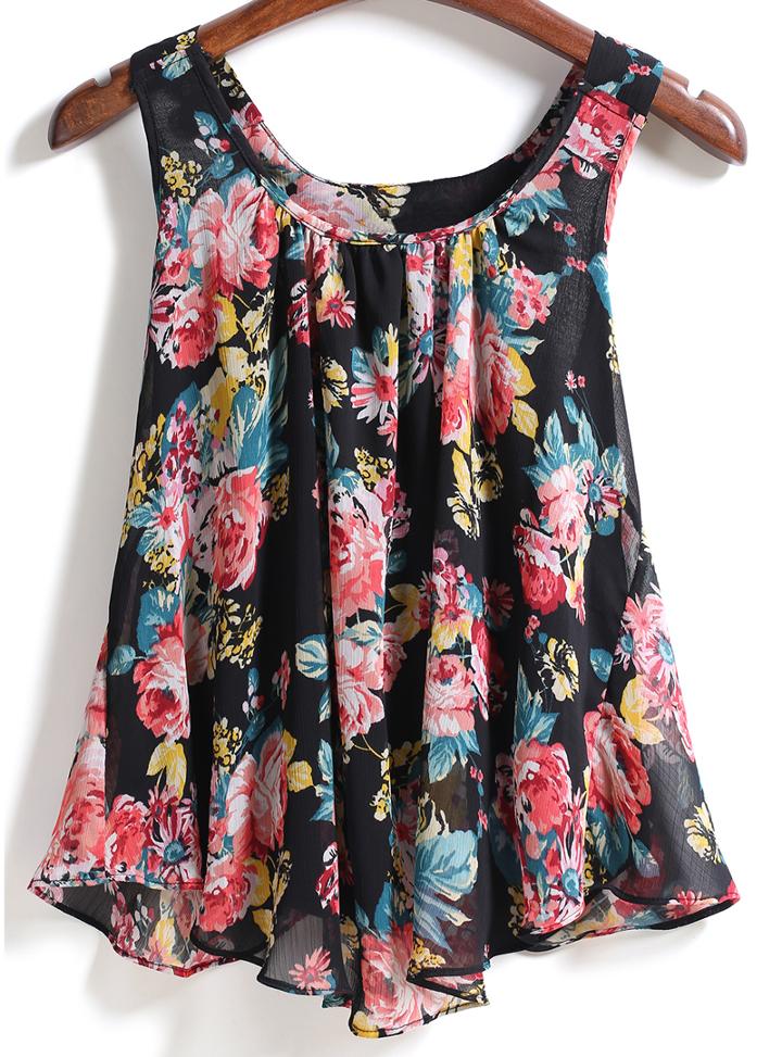 Romwe Round Neck Floral Loose Vest