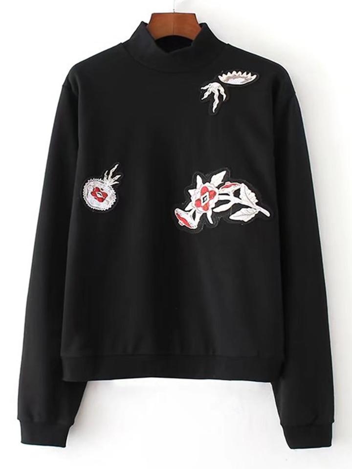 Romwe Flower Applique Mock Neck Sweatshirt