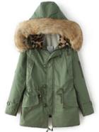 Romwe Army Green Embroidery Drawstring Waist Hooded Coat