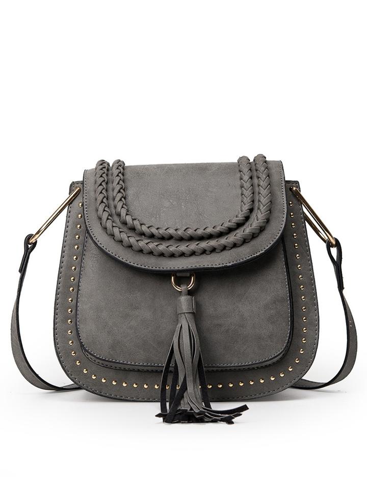 Romwe Braided Tassel Trimmed Studded Saddle Bag - Grey