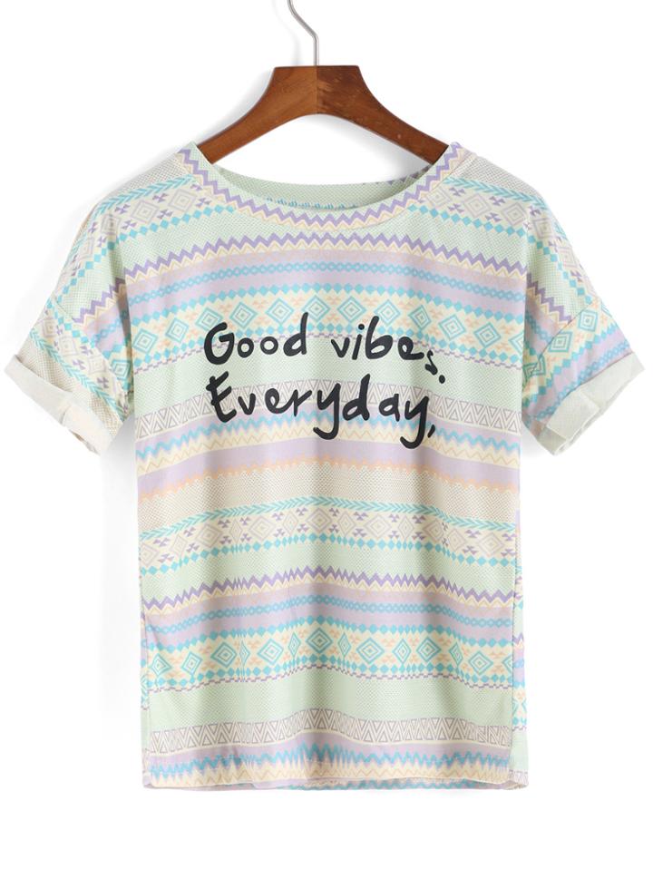 Romwe Tribal Print Cuffed Green T-shirt
