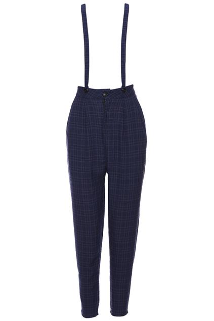 Romwe Check Print Blue Suspender Pants